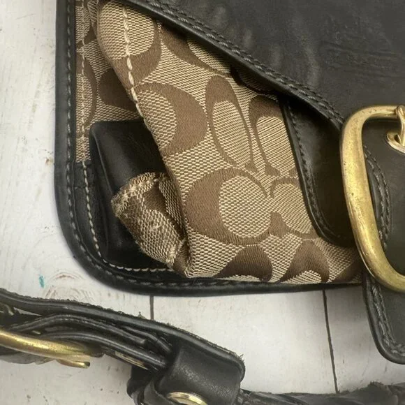 Coach Black Leather Bleeker Beige Canvas C’s Flap Shoulder Bag 11434 10” PROJECT - Picture 2 of 8